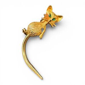Vintage Gold Tone Cat Brooch Pin Articulated Tail Green Rhinestone Eyes